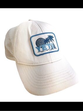 YETI Logo Badge trucker hat white mesh back Snapback Cap Blue Palm Tree Patch